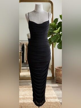Sleeveless Black Ruched Midi Dress with Spaghetti Straps